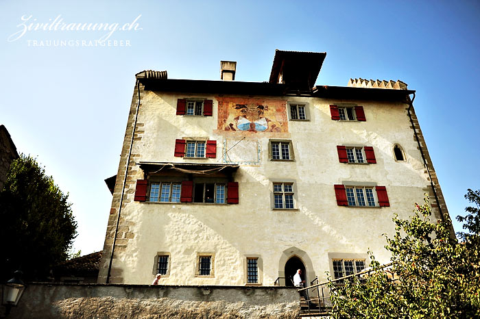 Outside view of the Schloss, entrance at center. The covered windows in the 1st floor left belong to the ceremony room