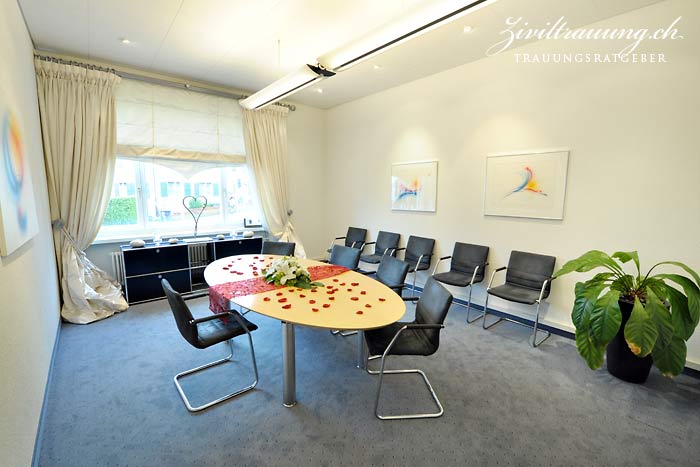 The ceremony room in the registry office viewed from the entrance